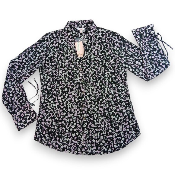 Candie's Tops - CANDIE'S-Women's Floral Button down-Top-MEDIUM-Black-White-Purple-Work-Casual